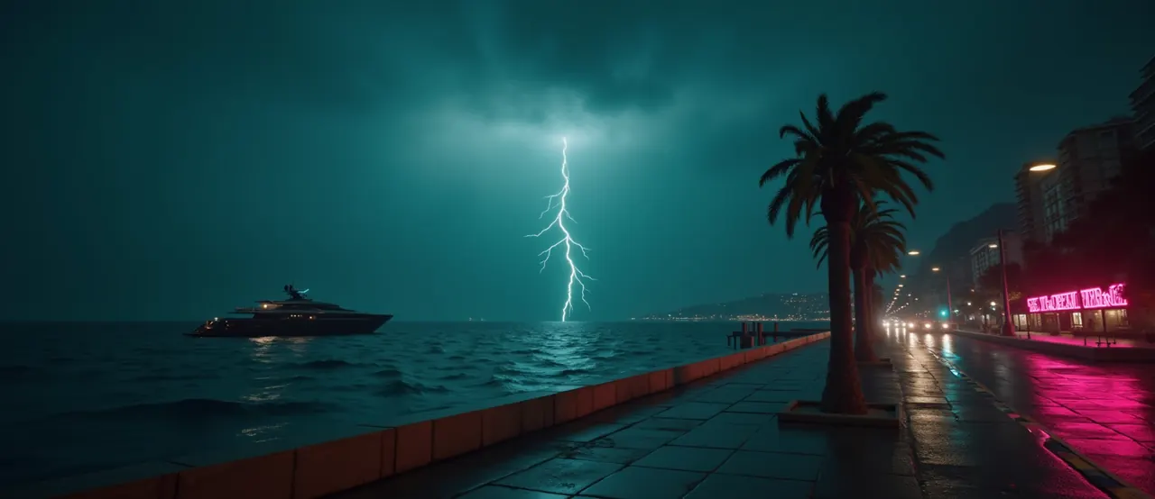 Promenade du bord de mer la nuit sur la Côte d’Azur, palmiers, néons, un yacht au large et un éclair sur la mer