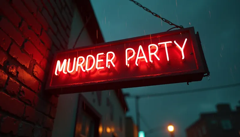 Enseigne au néon rouge « Murder Party » accrochée à un mur de briques sous la pluie