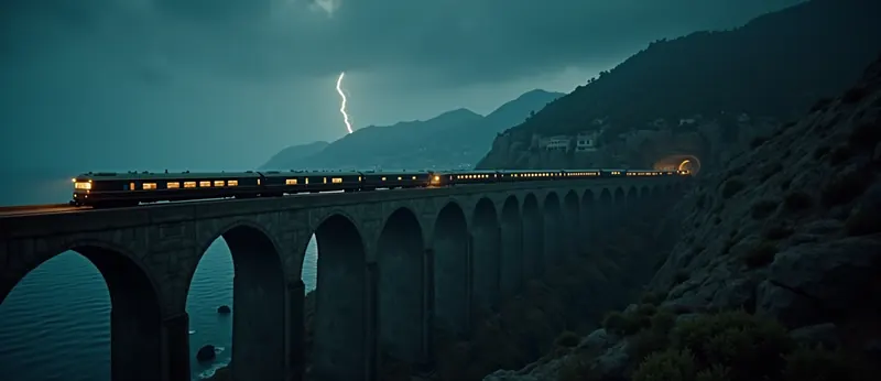 Un train de nuit éclairé traverse un viaduc au bord de la mer sous l’orage, entre Nice et l’Italie